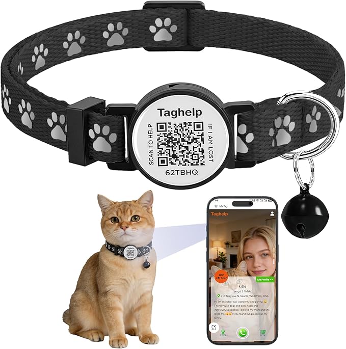 Collar with QR Code,Reflective Cat Collar with Name Tag, Personalized Reflective Cat Collar Breakaway with Bell for Boy & Girl Kitten, Ultra-Durable, Quick Release, Fits Most Girl Boy Cats(Black)