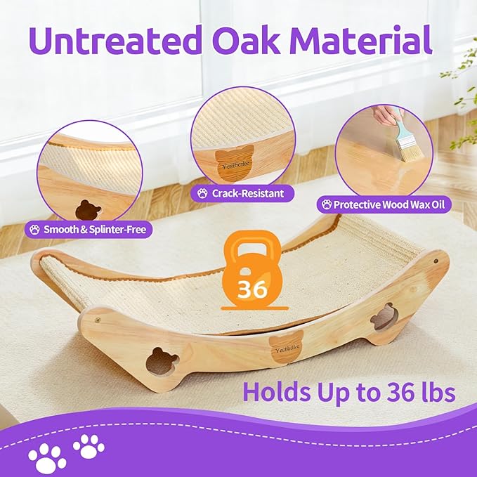 Upgraded Sisal Cat Scratcher Bed, Solid Oak Frame 1.3 cm Thick, 100% Sisal Pad, Curved Scratch Lounger, Stable Base Up to 36 lb, Sofa Protector, Odor-Free, 23.6" x 13.7"