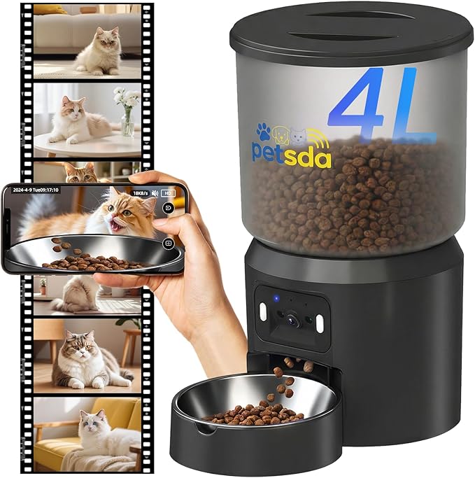 Automatic Cat Feeder with 2K Camera 5G WiFi 4L Timed Dry Food Dispenser APP Control, 15 Meals Programmable 1-20 Portion Per Day Dual Power Supply with Stainless Bowl for Multiple Pet Easy Clean
