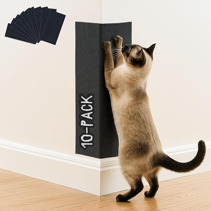 Cat Scratch Mat (Black,10-Pack), 23.6’’ x 11.8’’ Wall Corner Stracther, Versatile Self-Adhesive Replacement Easy Use for Cat Trees, Wall Furniture, Scratching Posts, and Couch Protection (Black)