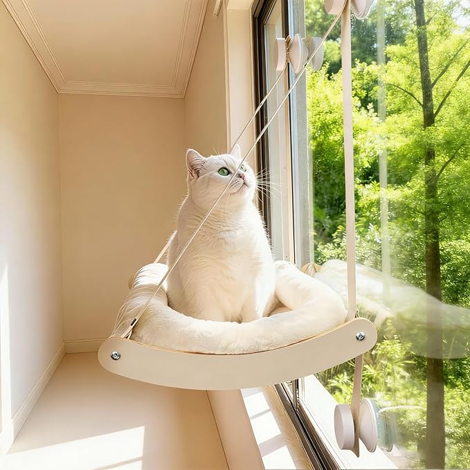 Kilodor Cat Window Perch, Cat Hammock for Window with 4 Strong Suction Cups - Easy Assembly, Solid Wood Frame with Large Cats Bed - Supports Up to 40lbs for Indoor Cats