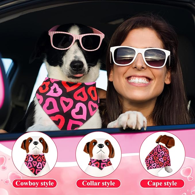 Sanwuta 120 Pcs Valentines Dog Bandanas Bulk Heart Bandanas Valentine's Day Adjustable Washable Pet Triangle Scarf Red Pink Heart Pattern Scarf for Small and Medium Dogs, 30 Style