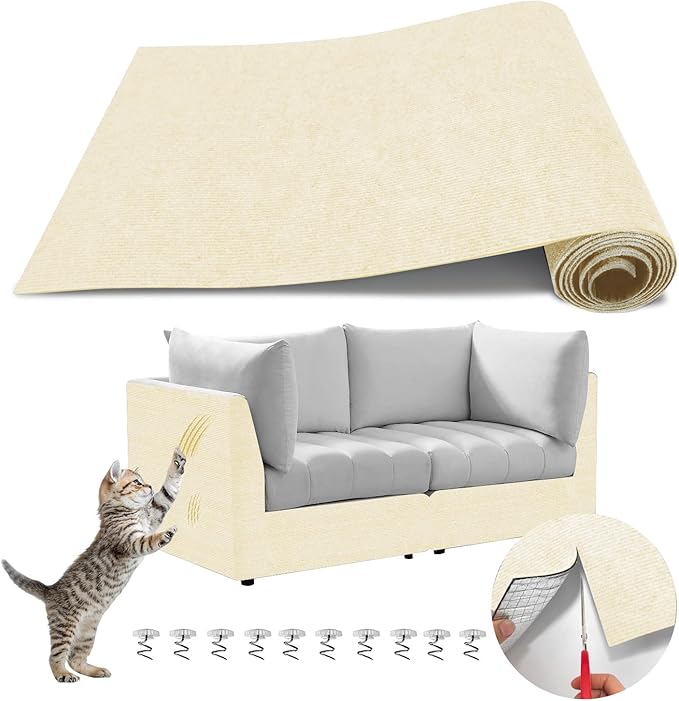 118"x15.8" Anti Cat Scratch Couch Furniture Protector, Adhesive Cat Scratch Pad Deterrent for Furniture, DIY Climbing Cat Scratcher Couch Protector from Cat Claws Scratching for Indoor Sofa (OffWhite)