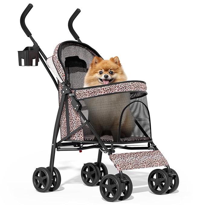 MoNiBloom 4 Wheels Pet Stroller, Easy-Fold Umbrella Shaped Dog Cat Jogger Stroller w/Storage Bag & Visible Mesh for Small/Medium Dogs Cats Leopard Print