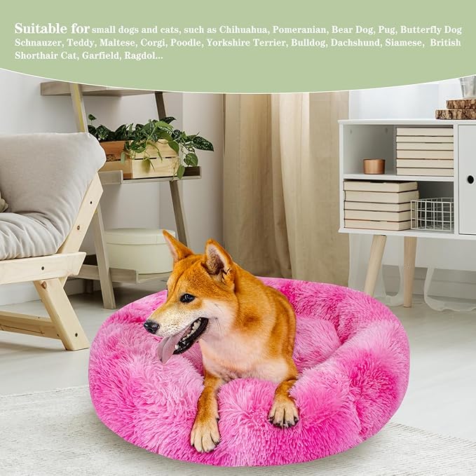 Calming Dog Bed for Medium Dogs Cats, Puppy 31'' Round Anti-Anxiety Warm Fluffy Plush Faux Fur Bed, Soft Anti-Slip Donut Washable, Cozy Medium Puppy Bed, Fits up to 50 lbs Pets