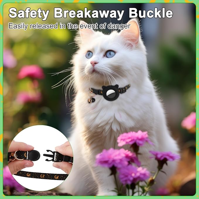 3 Pack Airtag Cat Collars Breakaway Moons Stars Cat Collars with Air Tag Holder and Bells Adjustable Safety Kitten Collars for Girl Boy Cats