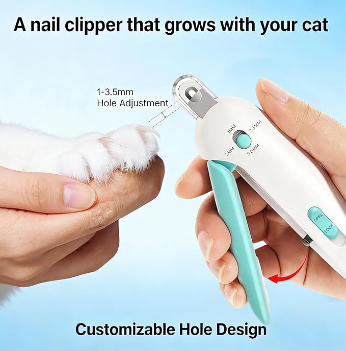 Cat Nail Clipper - Adjustable 3-Size Trimming Hole with Hidden Nail File | Safe Anti-Splash Claw Cutter for Kittens & Indoor Cats (Blue)