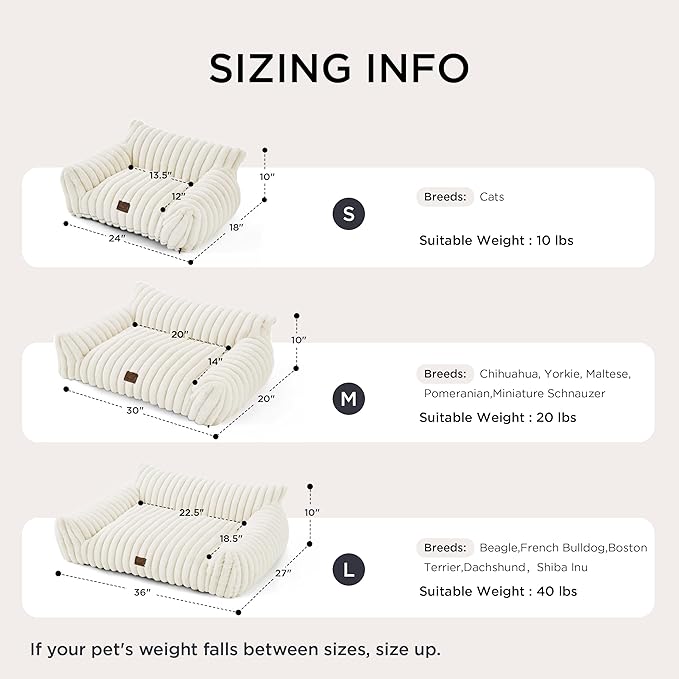 Bedsure ComfyFleece Cute Cat Couch for Pets - Fluffy Cat beds with Premium Soft Corduroy Fleece, Fuzzy Cats beds for Indoor Cats with Removable Washable Cover, Supportive Pet Sofa, 24inch, Cream