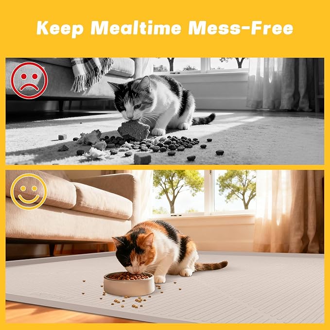 Lorvain 45" x 30" Cat Food Mat, Extra Large Silicone Pet Feeding Mat with Raised Edges, Pet Placemat for Cat Dog Food and Water Bowl Waterproof, Non-Slip, Easy to Clean, Floor Protection, Beige