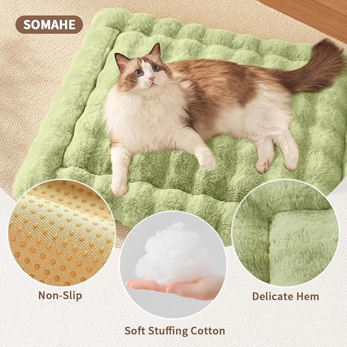 Self-Warming Cat Bed, Plush Faux Fur Pet Bed Mat with Anti-Slip Bottom, Ultra Soft Heated Pad for Cats & Kittens, Cozy Fluffy Bed for Window & Sills Couches, Machine Washable, 23x15 Inch Green