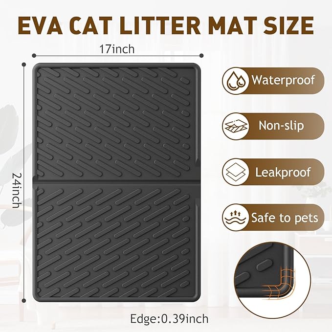 Cat Litter Mat with Grooves & Raised Edge, Urineproof/Waterproof, Litter Scattering Control, Easy to Clean & Recycle (24 * 17in-Black-2 Pack)