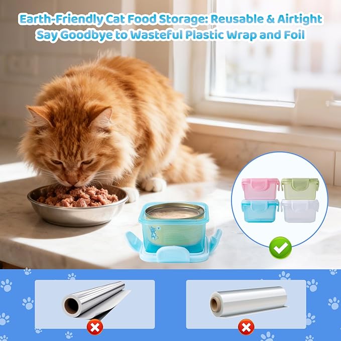 Canned Cat Food Storage Can Container for 3oz Cat Cans,4 Pack Airtight Pet Food Sealer with Snap-Lock Cover Lids and Stainless Steel Spoon for 2.56''/65mm Small Cans