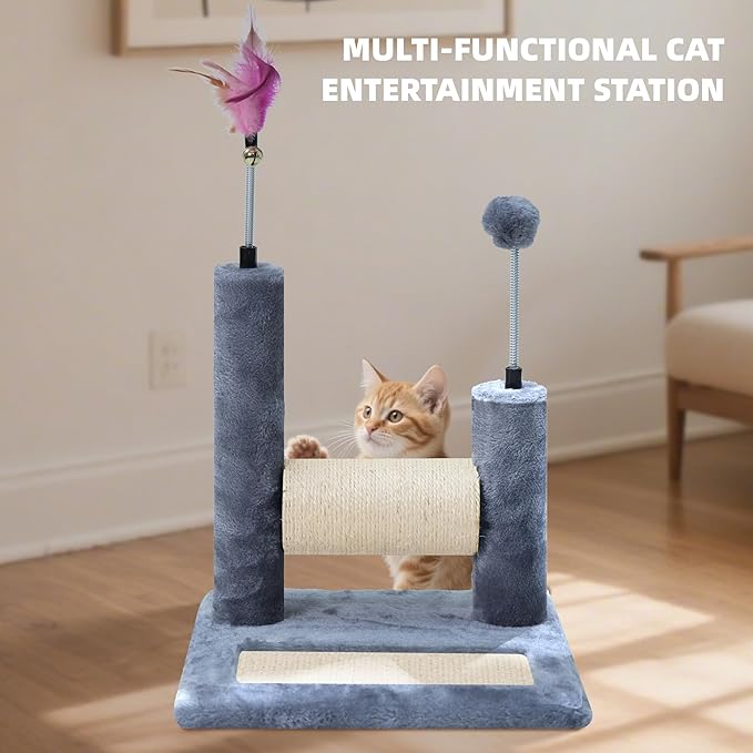 ROYPET Multifunctional Cat Scratching Posts for Indoor Kittens,Cat Scratching Pads for Play and Activity,Scratching Posts with Feather Toys and Spring Hanging Balls,Grey