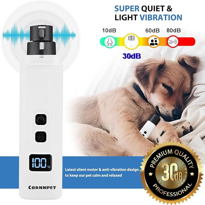Electric Dog Nail Grinder with 2 Level LED Lights, 2 Speed Super Quiet and Low Vibration Electric Cat Nail Grinder - Rechargeable Pet Nail Grinder for Small Dogs Cats - White