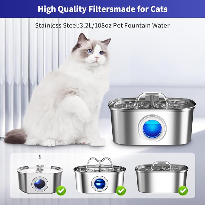 48 Pack Cat Water Fountain Replacement Filters & Pre-Filter Sponges, Includes 24 Filters & 24 Sponges for 108oz/3.2L Stainless Steel Pet Fountains – Compatible with Rellaty & Neareal
