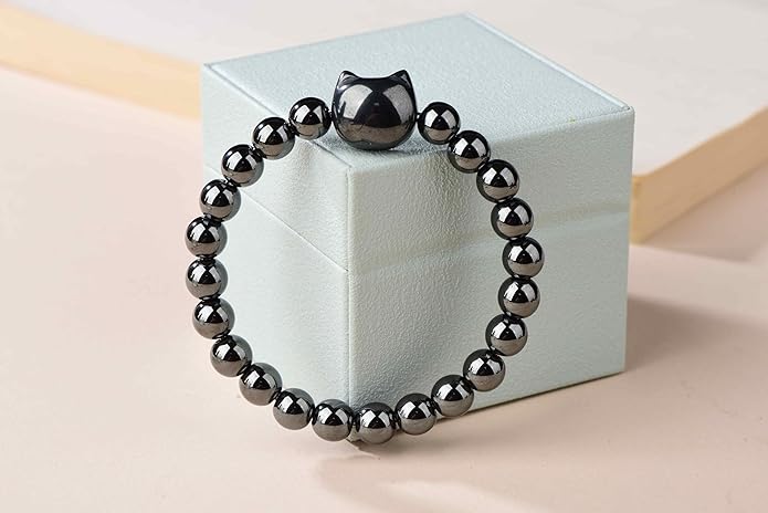 Black Obsidian Cat Bracelet and Moon Pendant Necklace Jewelry Set-Cat Lover Gifts,Wealth Attraction,Good Luck,Bead Bracelet,Mindfulness,Beaded Bracelets, Obsidian Pendant Necklace-Cute Gifts for Women