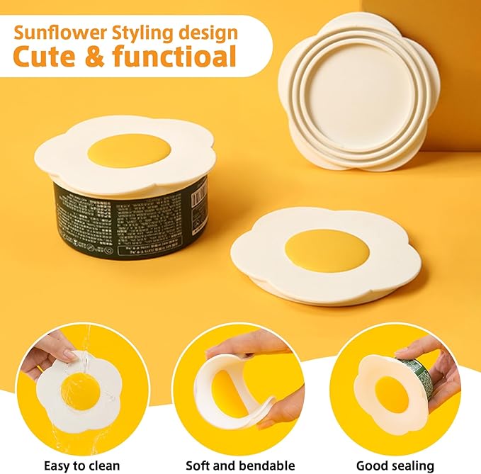 Pet Food Can Lids, Universal Size Can Covers for Dog and Cat Cans, Silicone Cat Food Top with Sunflower Shape One fit 3 Standard, Multifunctional Pet Can Opener Can Spoons (2 Pieces)