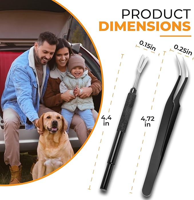 Premium Tick Removal Tool - Stainless Steel Tick & Flea Remover for Pets Dogs Cats Humans -Safe Tick Control Puller &Precision Fine Point Tweezers to Completed Remove Ticks, 1 Set