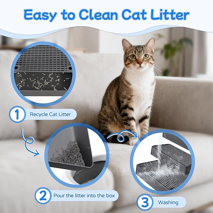 Extra Large 3 Steps Litter Box Ramp, Adjustable Cat Litter Box Step with Filter Function, Easy to Clean Cat Litter Stair Catcher for Elderly Cats and Kitten (Dark Grey)