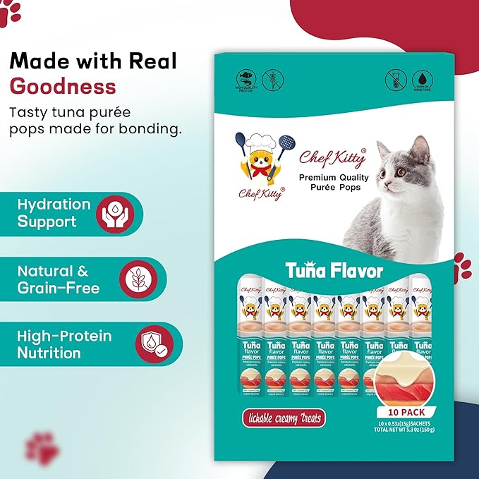 Purée Pops, Cat Treats, Grain-Free, Lickable, Squeezable Creamy Cat Treat/Topper with Vitamin E & Taurine, 0.5 Ounces Each Tube, 10 Tubes, Tuna Flavor