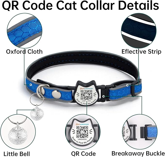 Cat Collar with Bells Reflective Cat Collars Breakaway with Oxford Cloth Soft Padding Adjustable Kitten Collar with QR Code(Blue)