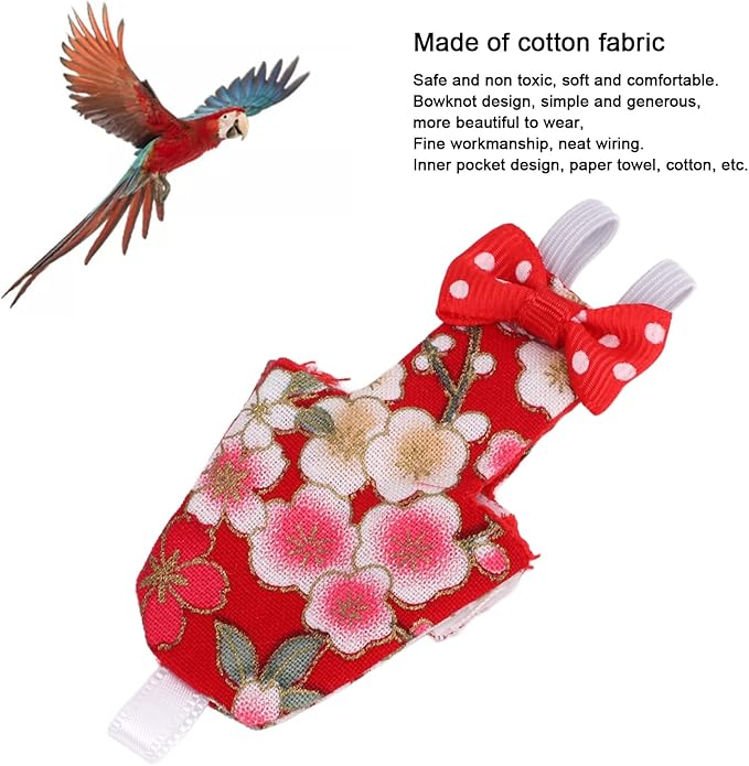 Bird Diaper Parrot Flight Suit Washable Reusable Cotton Cloth with Liner Adjustable Strap for Pet Birds Macaw Cockatiel Conure Lovebird Parakeet (L red Cherry Blossoms)