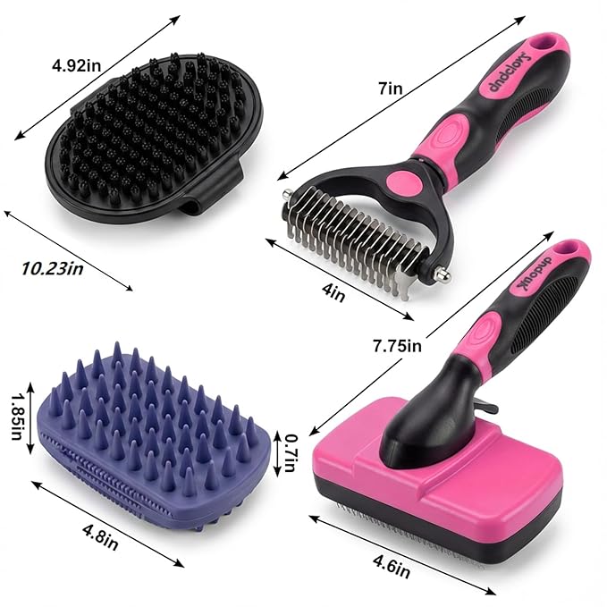 Dog Brush Kit for Grooming Short & Long Haired Dogs & Cats, 4-in-1 Pet Grooming Set with Self-Cleaning Slicker Brush, Deshedding Tool, Shampoo Bath Comb, Massge Comb (Pink Black)