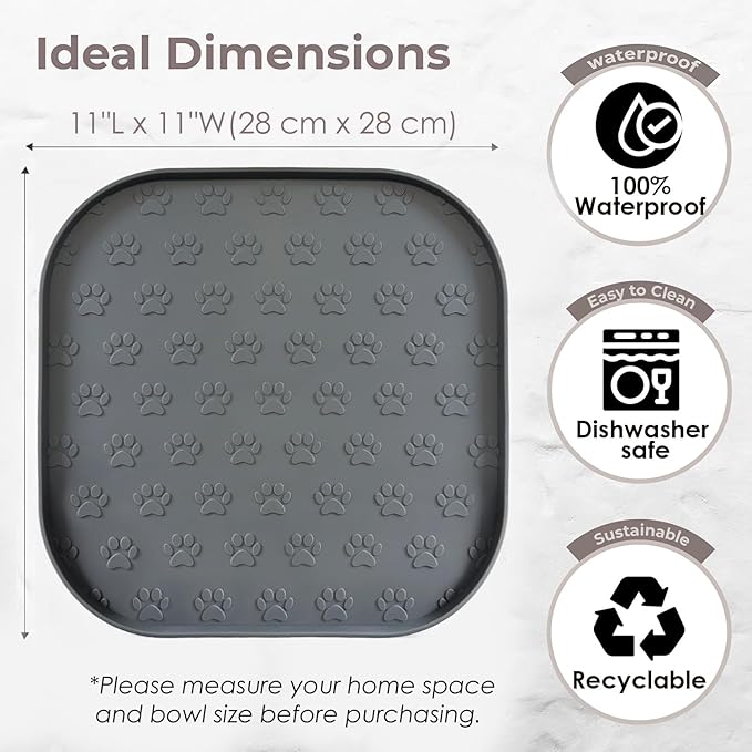 Pet Feeding Mat, Waterproof Anti-Slip Placemats for Dog Cat Bowl Silicone Pet Food Mat, Raised Edge Prevent Spills on Floor & Carpet, Dishwasher Safe (Gray, 11" x 11")