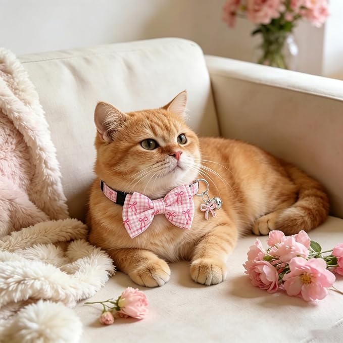 JarThenaAMCS 3 Pcs Pink Bow Cat Collar with Breakaway Bell Bow Tie Plaid Cute Bowtie Adjustable Kitten Collars for Small Pet Girl Boy Cats Small Pet Party