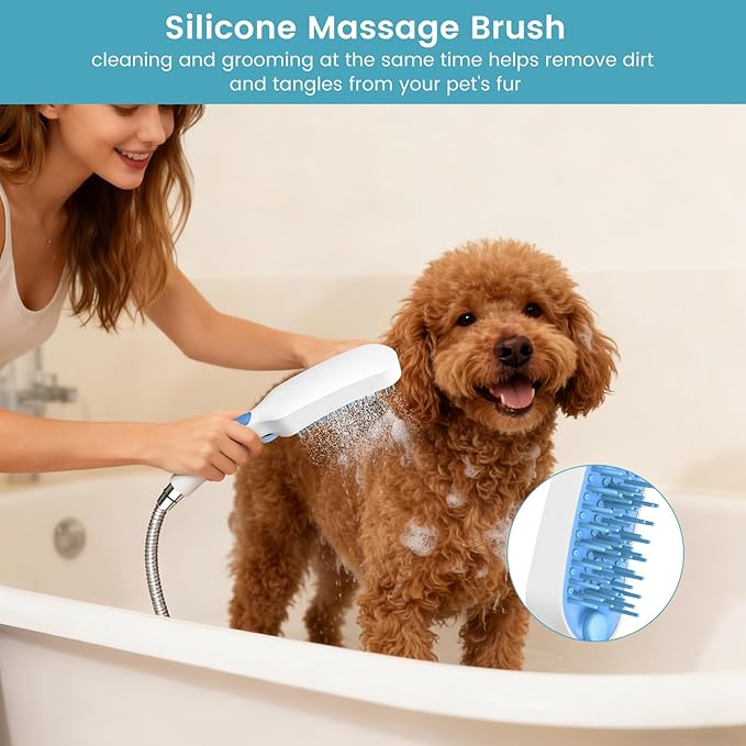 4 Mode Dog Shower Attachment, High Pressure Handheld Sprayer with ON/OFF Switch, 78 Inches Stainless Steel Hose, Diverter, Adhesive Holder, for Indoor/Outdoor Dog Bathing and Cleaning