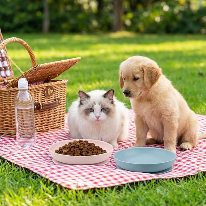 Meow&Woof Nonslip Pet Food Mat, 2 Pack Silicone Cat Food Bowl with Suction Cup Base, Shallow Dog Bowl, Waterproof Round Eating Tray for Dog Cat Puppy Kitten 7.8" x 7.8''
