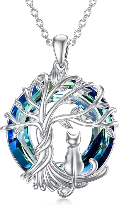 TOUPOP Cat Gifts for Cat Lovers Sterling Silver Cute Cats Tree of Life Pendant Necklace with Blue Circle Crystal Birthday Christmas Jewelry Gifts for Women