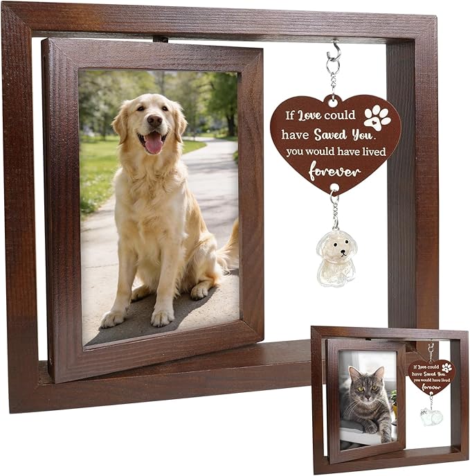 Dog Memorial Gifts for Loss of Dog, Pet Memorial Picture Frame with Two Pet Shaped Fur Keepsake Bottles, Loss of Dog Cat Sympathy Gift, Rotating Wooden Frame for 4x6 Photo