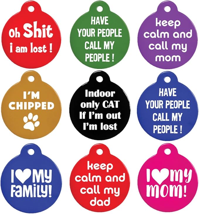 GoTags Funny Dog and Cat Tags Personalized with 4 Lines of Custom Engraved Text, Dog and Cat Collar ID Tags Come with Glow in The Dark Silencer to Protect Tag and Engraving, (Indoor Cat Only)