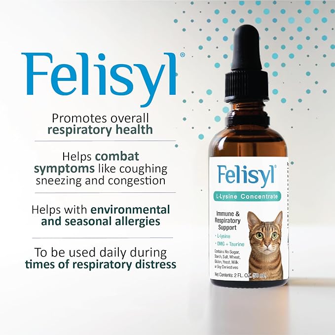 L-Lysine Concentrate for Cats – 2 oz Immune & Respiratory Support Supplement with DMG & Taurine – Helps Relieve Sneezing, Runny Nose, Congestion, Watery Eyes, FHV-1 Symptoms – Made in USA