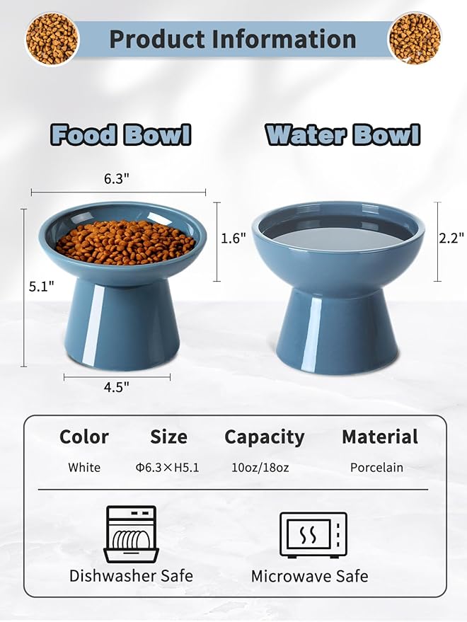 LoeJan Elevated Cat Food and Water Bowls Set, Extra Wide and Raised Ceramic Feeder, Anti-Vomit Whisker-Free Pressure Feeding Bowl for Kittens Adult Small Dogs (Deep Blue, Food Bowl)