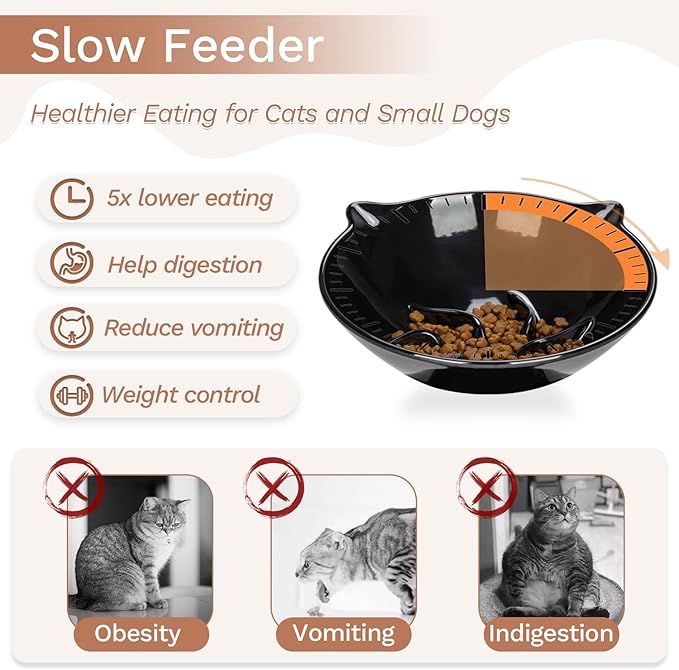 Detachable Slow Feeder Cat Bowl- Elevated Cats Feeder Tilted, 7 Inch Large Extra Wide Raised Cat Food Bowl Whisker Friendly, for Indoor Cats and Small Dogs Anti-Vomiting Black