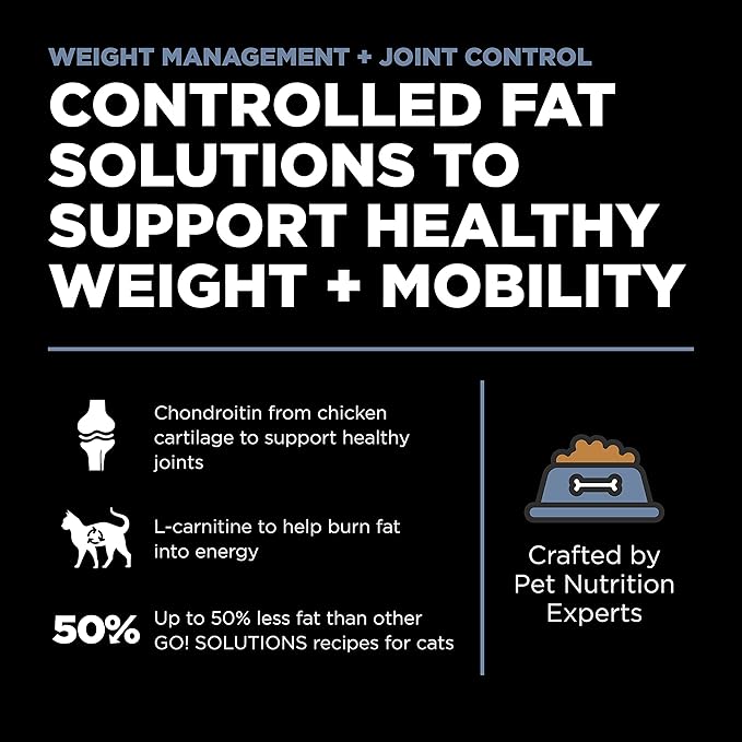 Go! Solutions Weight Management + Joint Care Chicken Grain-Free Dry Cat Food, Premium Kibble for Healthy Dieting in Adults & Seniors, with Natural Sources of Chondroitin for Good Mobility, 3 lb Bag