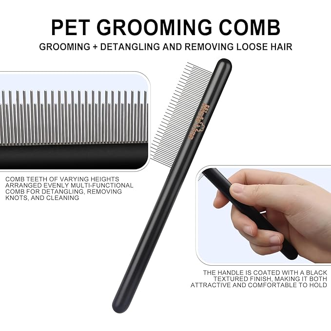 Professional Pet Rake Comb with Solid Wood Handle Fine Tooth Comb Metal Flea Comb Pet Grooming Tool for Dogs and Cats Remove Loose Hair Tangles Dirt Fleas