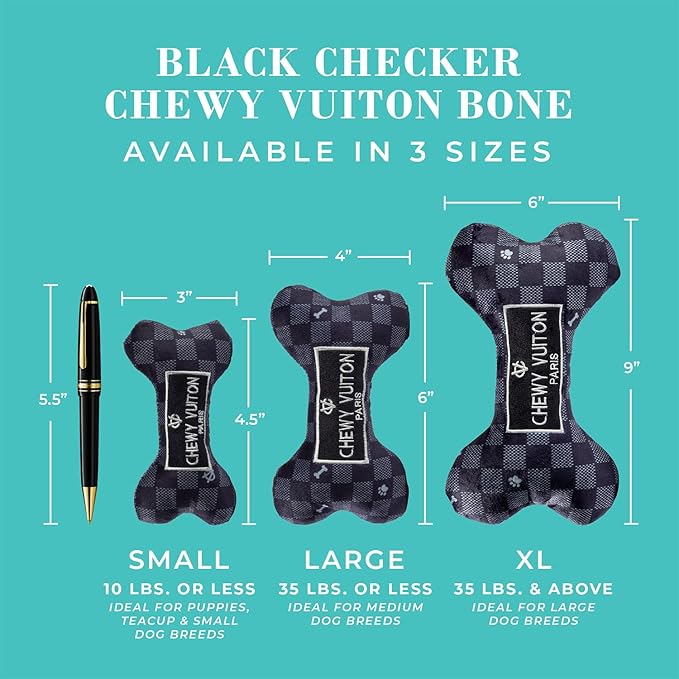Haute Diggity Dog Black Checker Chewy Vuiton Bone, Plush Designer Dog Toys with Interactive Squeaker, Stimulating Pet Enrichment, Machine-Washable & Safe Materials for All Breeds, Size Small
