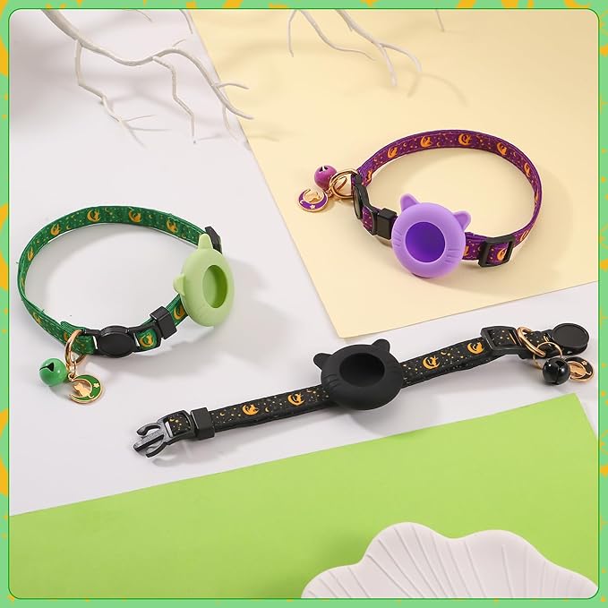 3 Pack Airtag Cat Collars Breakaway Moons Stars Cat Collars with Air Tag Holder and Bells Adjustable Safety Kitten Collars for Girl Boy Cats