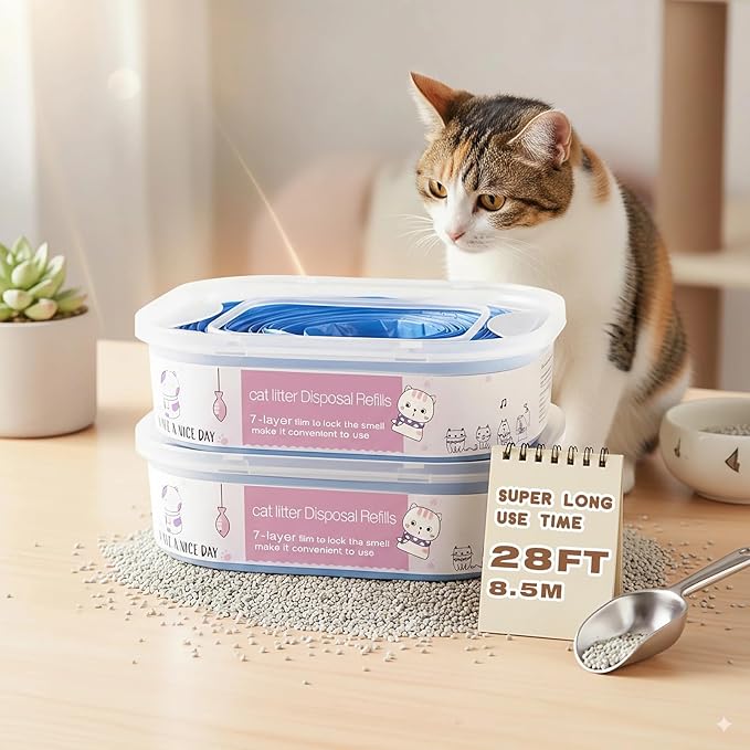 8 Pack 28FT Cat Litter Refill Cartridge, Compatible with Pet Genie Standard/Plus/Style Pail Refills, Up to 32 Months of Supply, 7 layer Odor Control Jumbo Refill Cartridge