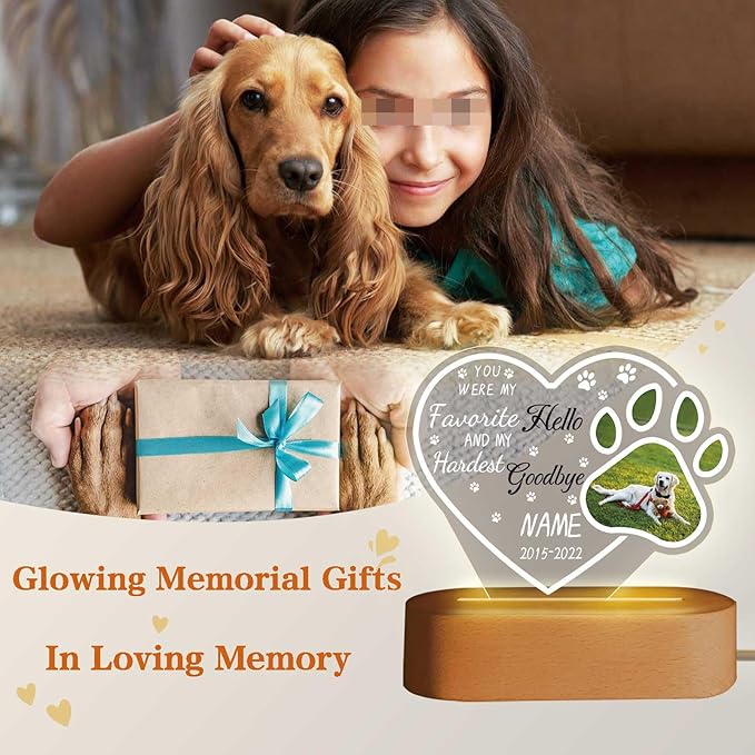 Custom Pet Memorial Night Light Gift Personalized Dog Cat Acrylic Plaque Photo Frame Sympathy Gift Condolence Gifts with Picture Name Date(Dog Paw Heart)
