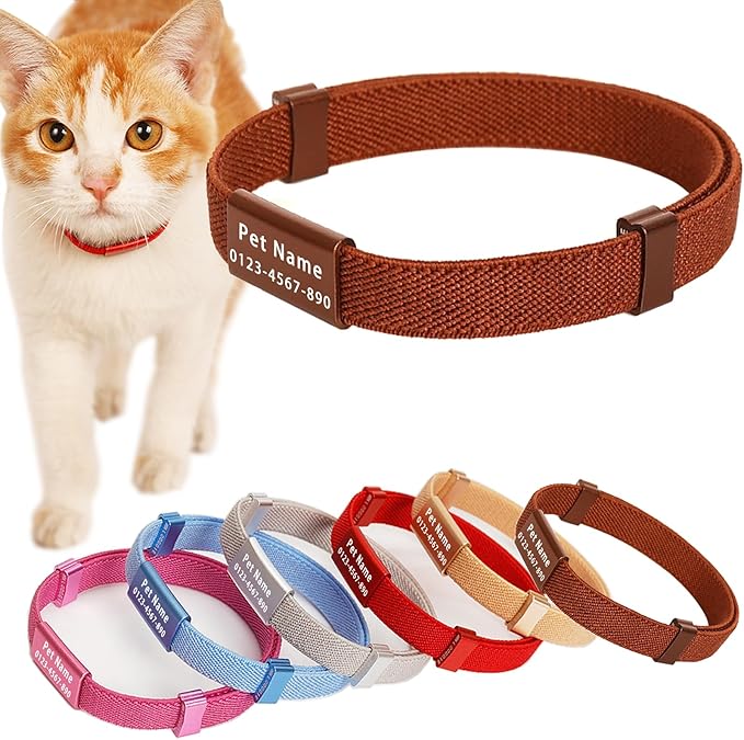 ZQGJ-Minimalist Stretch Lightweight Custom Engraved Cat Collar with Name Tag Personalized Cat Collars for Kitten Boy & Girl Cats (Coffee Color, Collar with Nameplate)