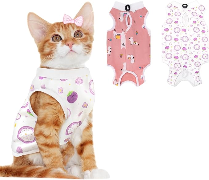 Coppthinktu 2 PCS Cat Recovery Suit Female Cat Onesie for Cats After Surgery Spay Abdominal Wounds, Kitten Recovery Suit Female Breathable E-Collar Alternative Kitten Onesie Anti Licking Large