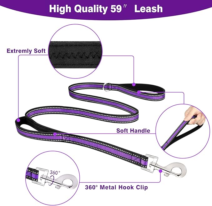 WINSEE Pet Harness Collar and Leash Set, All-in-one Reflective Dog Harness No Pull with Adjustable Buckles for Puppies, Small, Medium, Large, and Extra-Large Dogs (Medium, Purple)