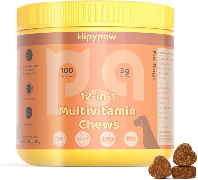 12-in-1 Dog Multivitamin Chewable: Dog Vitamins & Supplements with Chondroitin Glucosmine Probiotics Omega 3 Cod Liver Oil CoQ10 Astaxanthin for Joint Gut Heart Eye Brain Immune Support