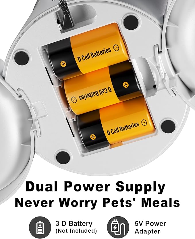 Automatic Cat Feeder for 2 Cats,6 Meals/Day,12 Portions/Meal,Dual Power Double Bowls,Dry Pet Food Autofeeder,10S Voice Record,Flexible Programmable Schedule Timer(White,Stainless Dual Bowls)