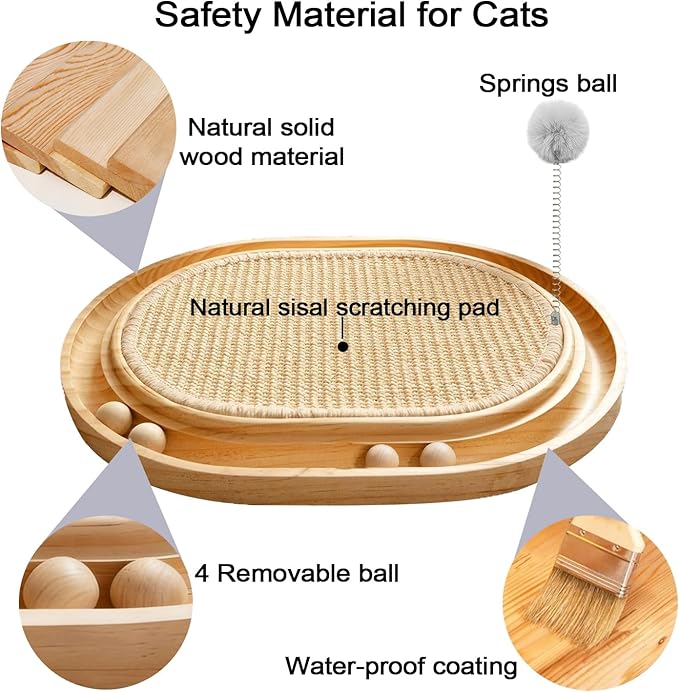 Natural Sisal Cat Scratcher Pad Wooden Interactive cat Toy with Ball Track Springs Ball for Chasing Hunting Physical Exercise Kitten Toys Cat Scratching Mat for Indoor Cats Furniture Protection