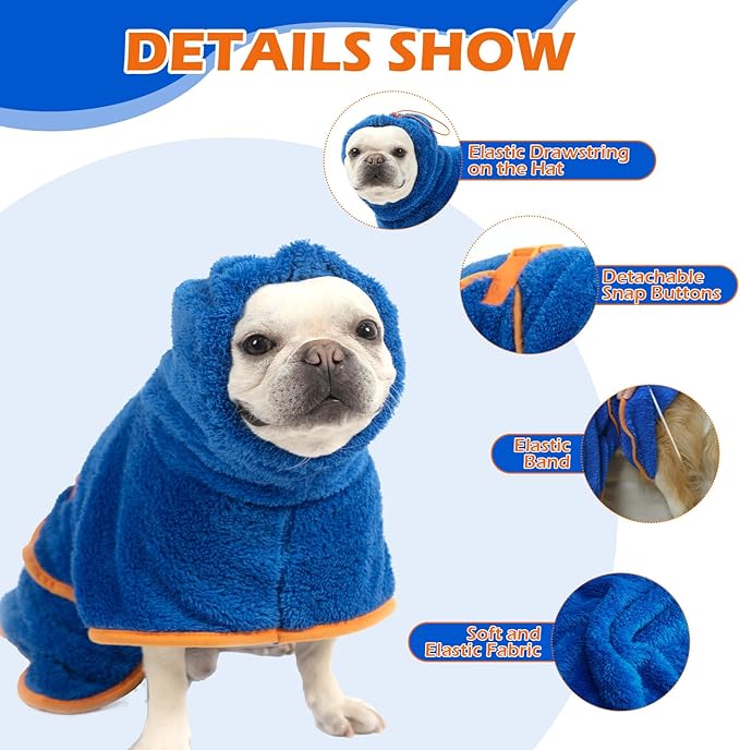 EXPAWLORER Soft Dog Bathrobe with Hood, Super Absorbent & Quick-Drying Dog Towels, Cozy Drying Coat for After Bath,Swimming, Blue S